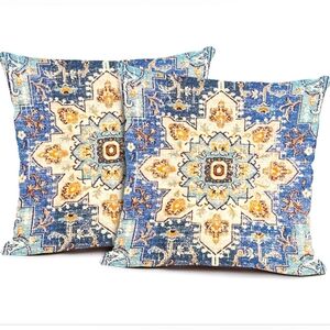 Snycler 2PCS Blue Boho Ethnic Pillow Covers 18x18 Cotton Linen